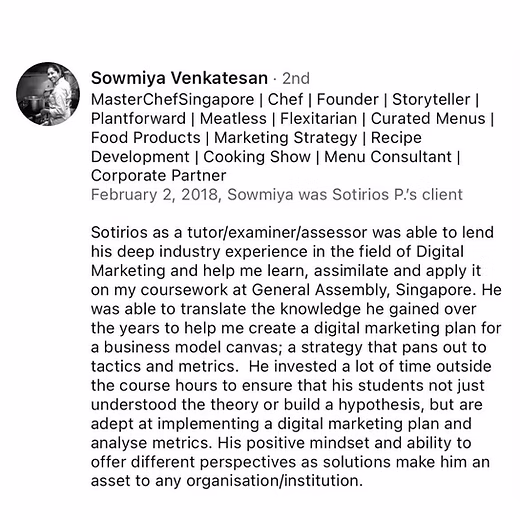 LinkedIn recommendation for Sotirios Seridis digital marketing trainer